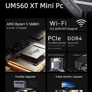 MINIS FORUM Venus UM560 XT Mini PC AMD Ryzen 5 5600H 6C/12T, 16 GB de RAM 512 GB SSD PCIe, Ordenadores de Sobremesa 4K USB-C y Dual HDMI 2500Mbps 5X Puertos USB