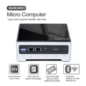 BASOARO Mini PC, PC de Factor de Forma pequeño, RAM DDR4 con Core i5/i7, Dual LAN, HD/DP, 6 USB3.0, WiFi, BT 4.2, Windows 10/Linux