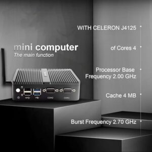 BASOARO PC Industrial, Mini PC sin Ventilador, Celeron J4125, 8GB RAM 128GB SSD, Gigabit Ethernet, HD VGA Dual Display, 2 RS232 COM, WiFi, BT, Mini PC Win 10