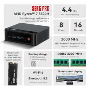 Beelink SER5 Pro Mini PC, Mini Ordenador de Sobremesa con AMD Ryzen 7 5800H(8C/16T, Turbo 4.4GHz), SO-DIMM DDR4+ M.2 2280 PCIe 3.0X4 SSD, 1000Mbps, WiFi 6, BT 5.2, 4K, DP, HDMI, Type-C